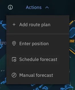 The Actions menu, available on the forecast map toolbar and the previous forecasts page