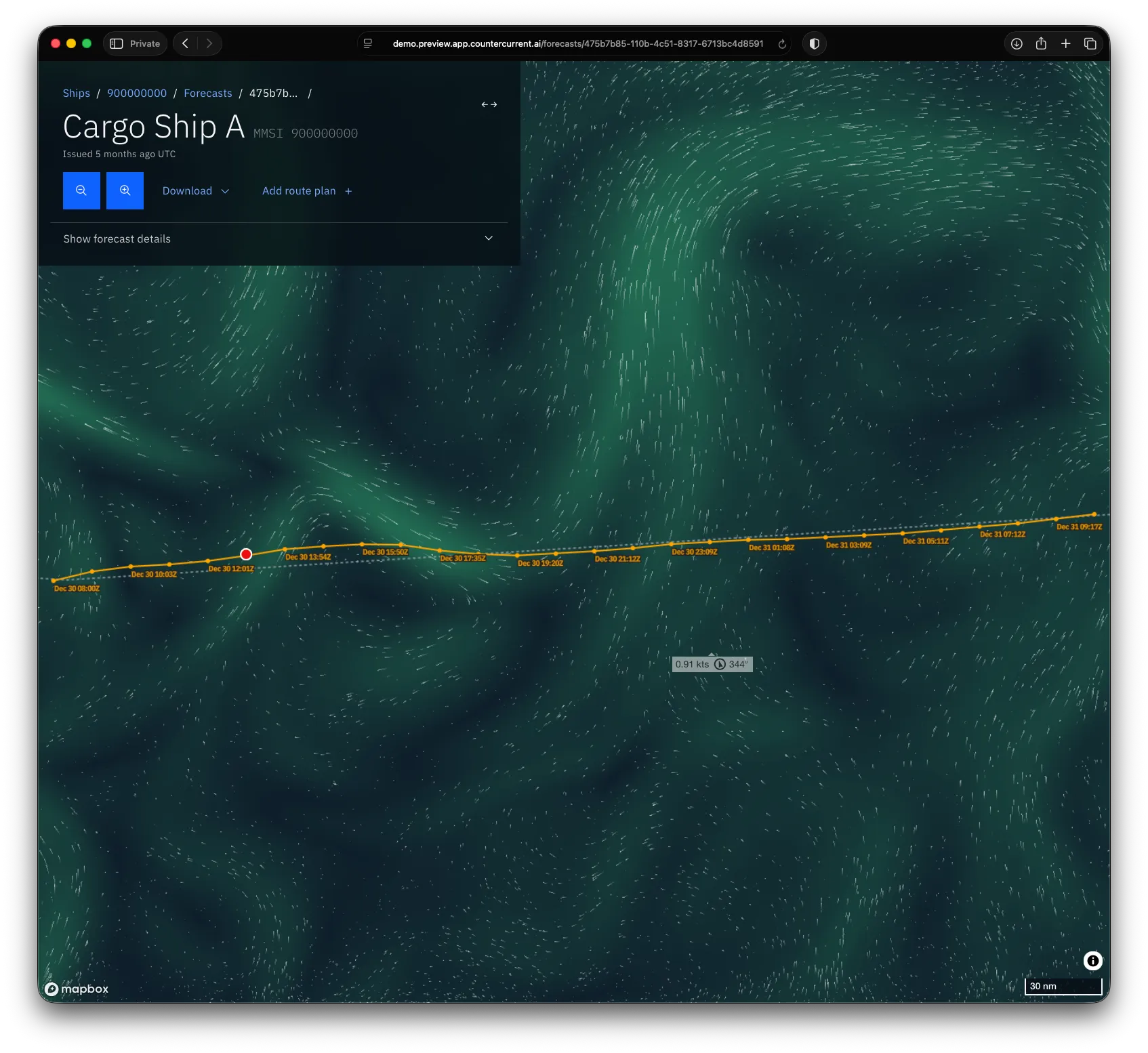 Forecast map with recommended route and control panel