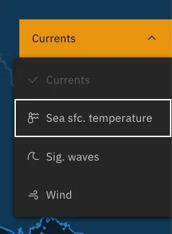 Layer menu open, showing the available map layers